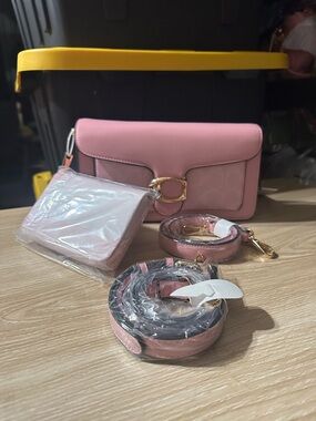 Pink Women's Shoulder Bag with Matching Wallets 2 Detachable Straps